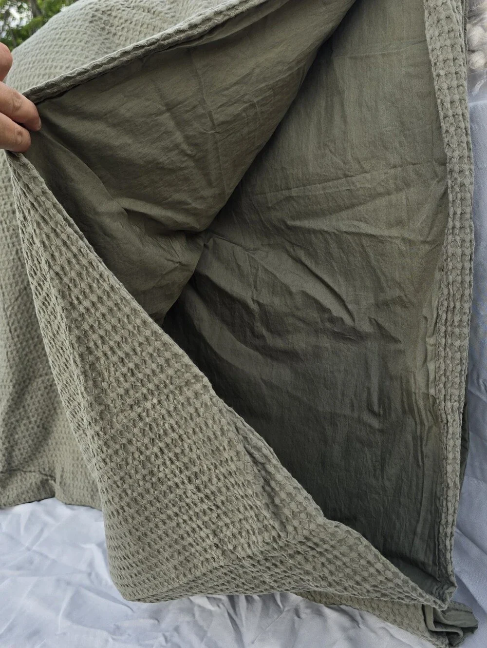 New Quince QUEEN 100% Organic Cotton Luxe Honeycomb Duvet Cover Olive Green